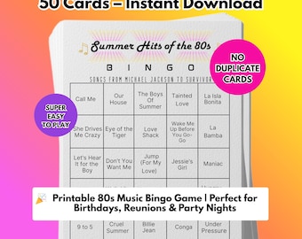 Music Bingo Game, 80s Summer Hits, Printable Party Game with Playlists, Fun for Adults, Teens, Events & Family Gatherings