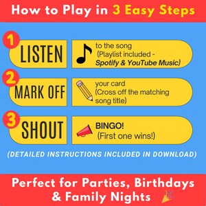 Music Bingo Game, 70s to 2010s Hits, Printable Party Game with Playlists, Fun for Adults, Teens, Events & Family Gatherings image 5