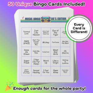 Music Bingo Game, 80s Hits, Printable Party Game with Playlists, Fun for Adults, Teens, Events & Family Gatherings image 4