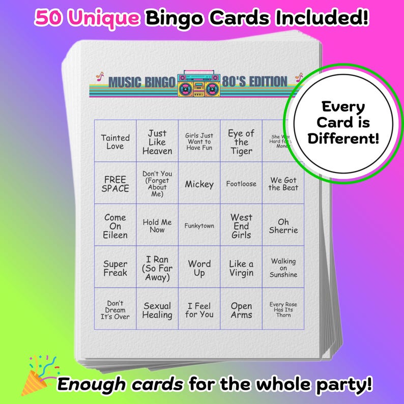 Music Bingo Game, 80s Hits, Printable Party Game with Playlists, Fun for Adults, Teens, Events & Family Gatherings image 4