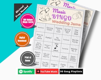 Wedding Music Bingo Printable, Bridal Shower Bingo Game, Fun Bachelorette Party Game, Wedding Reception, Music Bingo Card, Anniversary Bingo