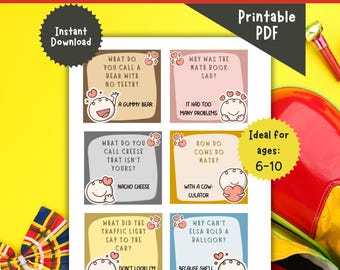 Printable Lunchbox Cards for Kids, Jokes Bundle, Ages 6-10, Back to School, Funny Cards for Kids, Instant Download PDF, Homeschool, Kid Camp