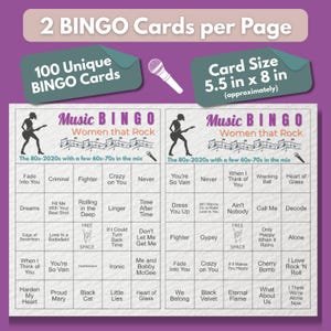 Puede incluir: Un juego de cartas de Music Bingo morado y blanco con el texto "Women that Rock". Las cartas presentan 100 tarjetas de bingo &uacute;nicas con un tama&ntilde;o de tarjeta de aproximadamente 14 x 20 cm. El tema es la m&uacute;sica de los 80-2020 con una mezcla de los 60-70.
