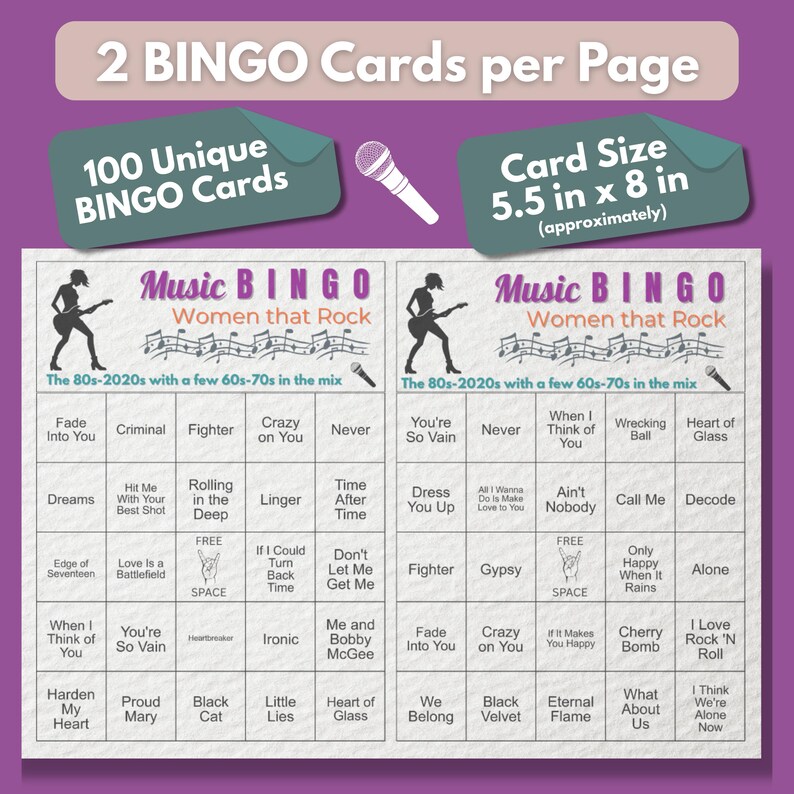 Puede incluir: Un juego de cartas de Music Bingo morado y blanco con el texto "Women that Rock". Las cartas presentan 100 tarjetas de bingo &uacute;nicas con un tama&ntilde;o de tarjeta de aproximadamente 14 x 20 cm. El tema es la m&uacute;sica de los 80-2020 con una mezcla de los 60-70.