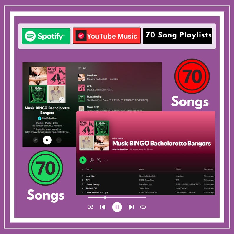 Puede incluir: Un gr&aacute;fico digital que promociona 70 listas de reproducci&oacute;n de canciones en Spotify y YouTube Music. La imagen presenta una lista de reproducci&oacute;n titulada "Music BINGO Bachelorette Bangers" con portadas de &aacute;lbumes y t&iacute;tulos de canciones. El dise&ntilde;o incluye un borde p&uacute;rpura y el n&uacute;mero "70" en un c&iacute;rculo verde.