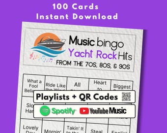 Bingo musical, Yacht Rock, divertido juego de fiesta para adultos, éxitos del soft rock de los 70 y 80, descarga instantánea e imprimible.