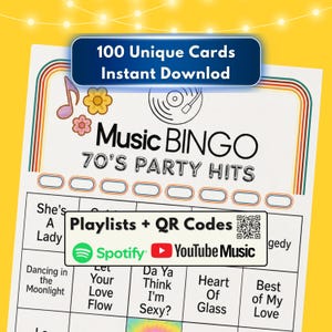 Puede incluir: Una tarjeta de juego Music Bingo con el texto "Music Bingo 70's Party Hits". La tarjeta incluye el texto "100 tarjetas &uacute;nicas descarga instant&aacute;nea" y presenta un logotipo de Spotify y YouTube Music. La tarjeta tiene un dise&ntilde;o retro con fondo amarillo.