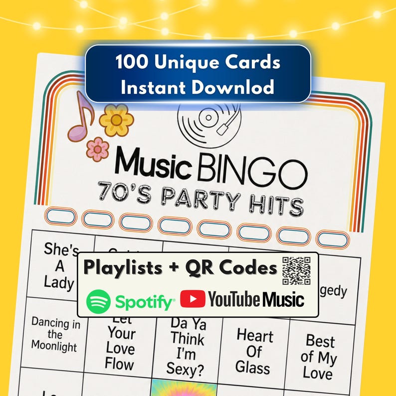 Puede incluir: Una tarjeta de juego Music Bingo con el texto "Music Bingo 70's Party Hits". La tarjeta incluye el texto "100 tarjetas &uacute;nicas descarga instant&aacute;nea" y presenta un logotipo de Spotify y YouTube Music. La tarjeta tiene un dise&ntilde;o retro con fondo amarillo.