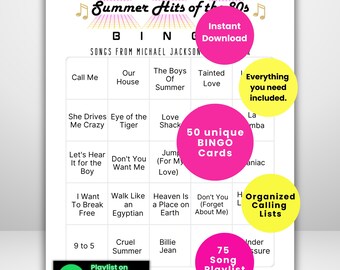Music Bingo Game, 80s Summer Hits, Printable Party Game with Playlists, Fun for Adults, Teens, Events & Family Gatherings
