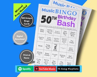 Music Bingo 50th Birthday Game | 50th Birthday Party Songs | Printable Music Bingo Cards | 90s Teen Hits | Instant Download