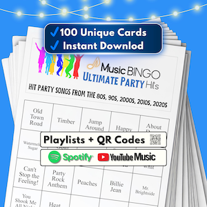 Music Bingo Game, 80s to 2020s Hits, Printable Party Game with Playlist, Fun for Adults, Teens, Events & Family Gatherings, Party Hits Music