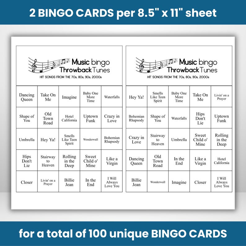 Printable Music Bingo Game, 70s 80s 90s 2010s Songs, Throwback Party ...