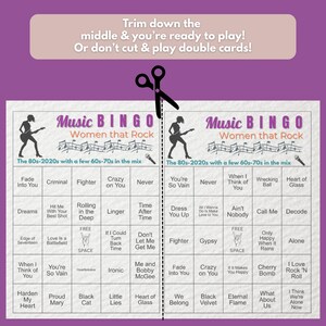 Puede incluir: Una tarjeta de juego de bingo musical morada y blanca con el texto "Women that Rock" y t&iacute;tulos de canciones de los a&ntilde;os 80-2020. La tarjeta incluye instrucciones para recortar el medio o jugar cartas dobles.