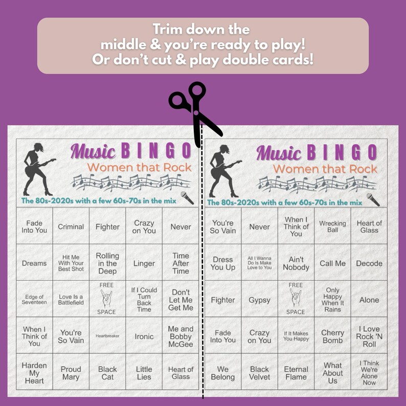 Puede incluir: Una tarjeta de juego de bingo musical morada y blanca con el texto "Women that Rock" y t&iacute;tulos de canciones de los a&ntilde;os 80-2020. La tarjeta incluye instrucciones para recortar el medio o jugar cartas dobles.