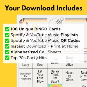 Puede incluir: Un gr&aacute;fico de descarga digital con el texto "Your Download Includes" y una lista de caracter&iacute;sticas: 100 tarjetas de BINGO &uacute;nicas, listas de reproducci&oacute;n de m&uacute;sica de Spotify y YouTube, c&oacute;digos QR, descarga instant&aacute;nea, hojas de llamadas alfab&eacute;ticas y &eacute;xitos de fiesta de los 70.