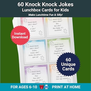 Puede incluir: Un conjunto de 60 tarjetas de almuerzo "Knock Knock Jokes" para niños. Cada tarjeta presenta un chiste diferente con un gráfico de cara sonriente. Las tarjetas están diseñadas para que la hora del almuerzo sea divertida y tonta. El texto "Descarga instantánea" e "Imprimir en casa" también son visibles.
