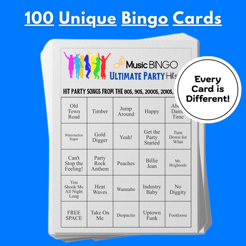 Music Bingo Game, 80s to 2020s Hits, Printable Party Game with Playlist, Fun for Adults, Teens, Events & Family Gatherings, Party Hits Music image 3