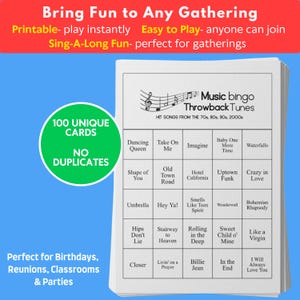 Music Bingo Game, 70s to 2010s Hits, Printable Party Game with Playlists, Fun for Adults, Teens, Events & Family Gatherings image 6