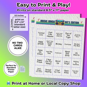 Music Bingo Game, 80s Hits, Printable Party Game with Playlists, Fun for Adults, Teens, Events & Family Gatherings image 3