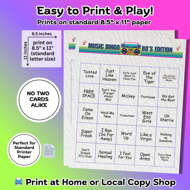Music Bingo Game, 80s Hits, Printable Party Game with Playlists, Fun for Adults, Teens, Events & Family Gatherings image 3