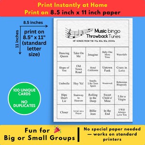 Music Bingo Game, 70s to 2010s Hits, Printable Party Game with Playlists, Fun for Adults, Teens, Events & Family Gatherings image 3