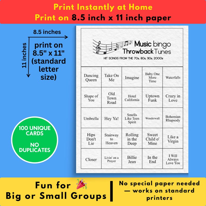 Music Bingo Game, 70s to 2010s Hits, Printable Party Game with Playlists, Fun for Adults, Teens, Events & Family Gatherings image 3