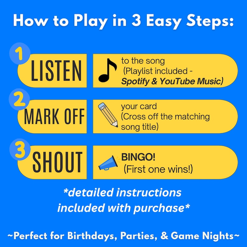 Puede incluir: Imagen azul con instrucciones para jugar en 3 pasos: Escuchar, Marcar y Gritar. Cada paso est&aacute; ilustrado con un icono y una descripci&oacute;n. Tambi&eacute;n incluye el texto "instrucciones detalladas incluidas con la compra".