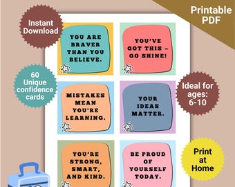 Printable Lunchbox Cards for Kids, Confidence Bundle, Ages 6-10, Back to School, Downloadable PDF, Encouragement Cards, Kids Self-Esteem
