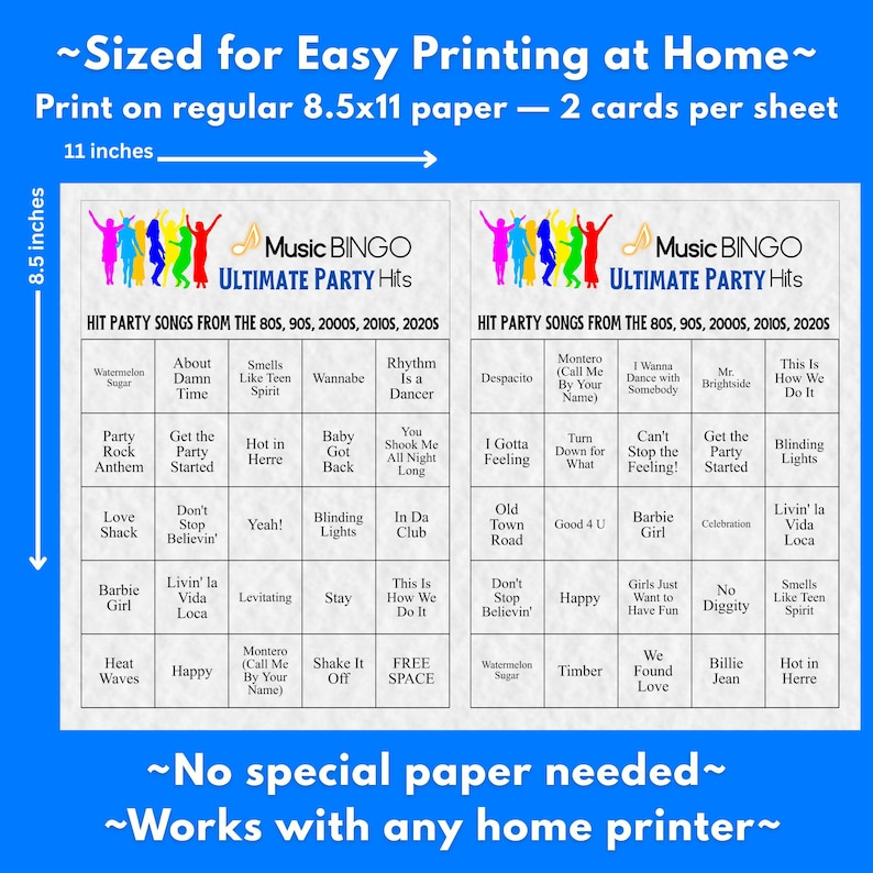 Music Bingo Game, 80s to 2020s Hits, Printable Party Game with Playlist, Fun for Adults, Teens, Events & Family Gatherings, Party Hits Music image 7