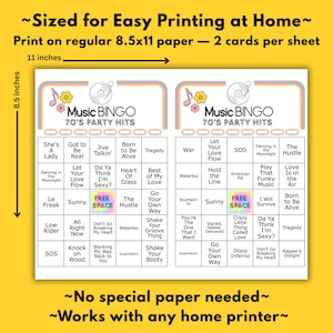 Puede incluir: Una hoja de juego de Bingo musical imprimible con fondo amarillo. La hoja est&aacute; dise&ntilde;ada para &eacute;xitos de fiesta de los 70 e incluye dos cartones de bingo por hoja de 21,6 x 27,9 cm. Cada tarjeta presenta una cuadr&iacute;cula con t&iacute;tulos de canciones.