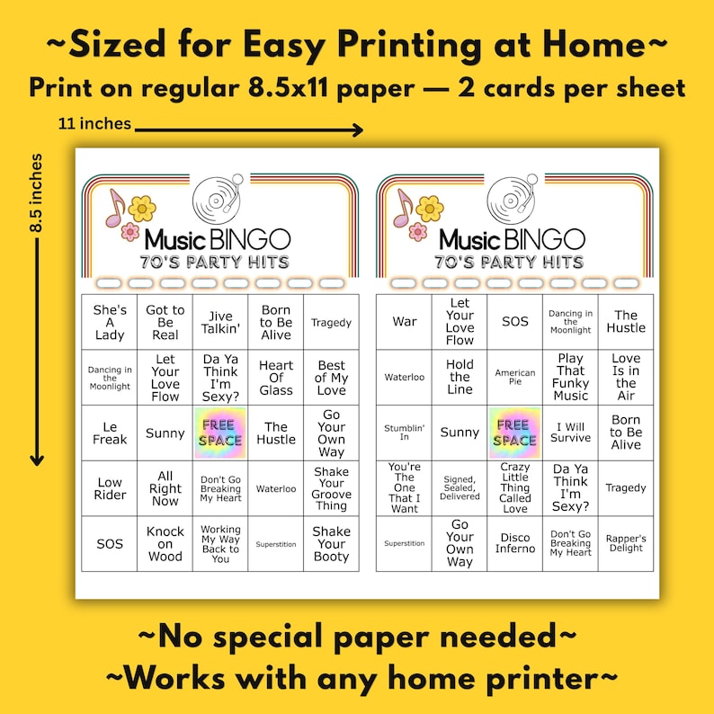 Puede incluir: Una hoja de juego de Bingo musical imprimible con fondo amarillo. La hoja est&aacute; dise&ntilde;ada para &eacute;xitos de fiesta de los 70 e incluye dos cartones de bingo por hoja de 21,6 x 27,9 cm. Cada tarjeta presenta una cuadr&iacute;cula con t&iacute;tulos de canciones.
