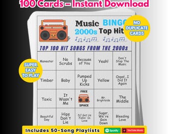 Music Bingo Game, 2000s Top Hits, Printable Party Game with Playlist, Fun for Adults, Teens, Events & Family Gatherings