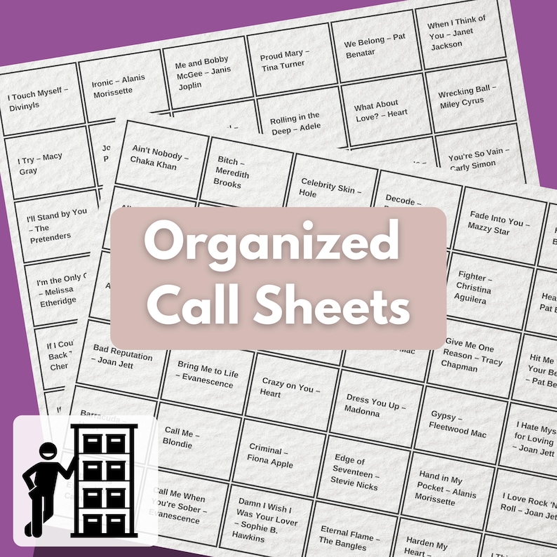 Puede incluir: Hojas de llamadas organizadas con t&iacute;tulos de canciones y artistas, con el texto "Organized Call Sheets" en un rect&aacute;ngulo rosa. Las hojas est&aacute;n dispuestas en un patr&oacute;n de cuadr&iacute;cula, con una ilustraci&oacute;n en blanco y negro de una persona y un archivador.
