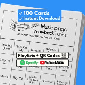 Music Bingo Game, 70s to 2010s Hits, Printable Party Game with Playlists, Fun for Adults, Teens, Events & Family Gatherings image 1