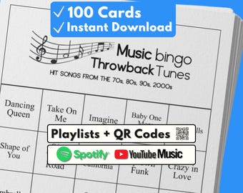 Music Bingo Game, 70s to 2010s Hits, Printable Party Game with Playlists, Fun for Adults, Teens, Events & Family Gatherings