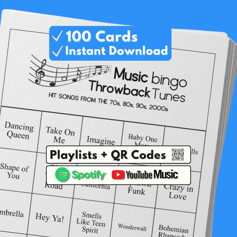 Music Bingo Game, 70s to 2010s Hits, Printable Party Game with Playlists, Fun for Adults, Teens, Events & Family Gatherings image 1