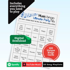 Bingo musical: éxitos de los 80 a los 2020. Juego imprimible para fiestas con lista de reproducción. Diversión para adultos, adolescentes, eventos y reuniones familiares. imagen 1