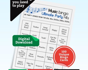 Music Bingo Game, 80s to 2020s Hits, Printable Party Game with Playlist, Fun for Adults, Teens, Events & Family Gatherings