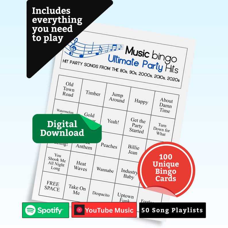 Bingo musical: éxitos de los 80 a los 2020. Juego imprimible para fiestas con lista de reproducción. Diversión para adultos, adolescentes, eventos y reuniones familiares. imagen 1
