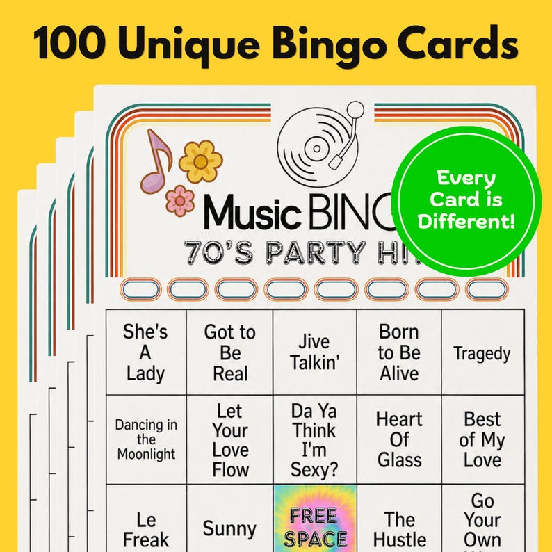 Puede incluir: Una pila de 100 tarjetas de bingo musical &uacute;nicas con tem&aacute;tica de los a&ntilde;os 70. Las tarjetas presentan t&iacute;tulos de canciones y un dise&ntilde;o retro con un tocadiscos, notas musicales y el texto "Music Bingo". Cada tarjeta es diferente.