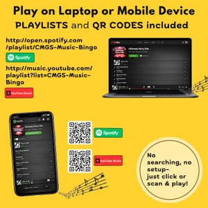 Puede incluir: Imagen que muestra una computadora port&aacute;til y un tel&eacute;fono inteligente que muestran listas de reproducci&oacute;n de m&uacute;sica. Se incluyen c&oacute;digos QR para Spotify y YouTube Music. El texto dice "Play on Laptop or Mobile Device PLAYLISTS and QR CODES included."