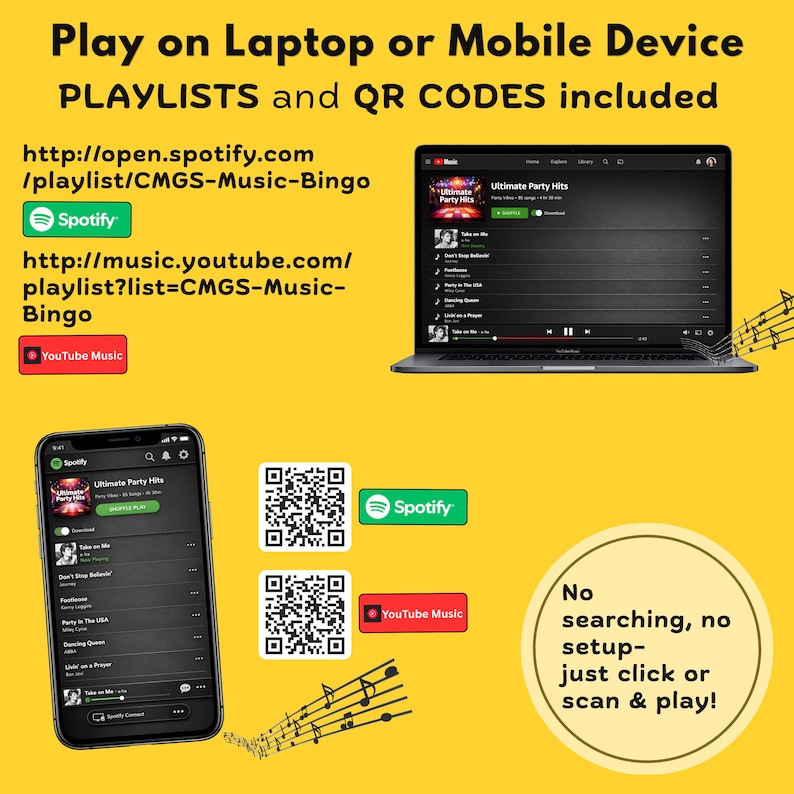 Puede incluir: Imagen que muestra una computadora port&aacute;til y un tel&eacute;fono inteligente que muestran listas de reproducci&oacute;n de m&uacute;sica. Se incluyen c&oacute;digos QR para Spotify y YouTube Music. El texto dice "Play on Laptop or Mobile Device PLAYLISTS and QR CODES included."