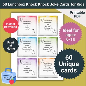 Printable Lunchbox Cards for Kids, Knock-Knock Jokes Bundle, Ages 6-10, Kids Notes, Back to School, Downloadable PDF