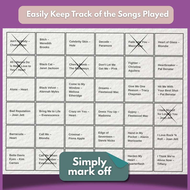Puede incluir: Una tarjeta de juego tipo bingo con t&iacute;tulos de canciones y nombres de artistas, como "Black Cat - Janet Jackson" y "Criminal - Fiona Apple." Incluye el texto "Easily Keep Track of the Songs Played" y "Simply mark off."