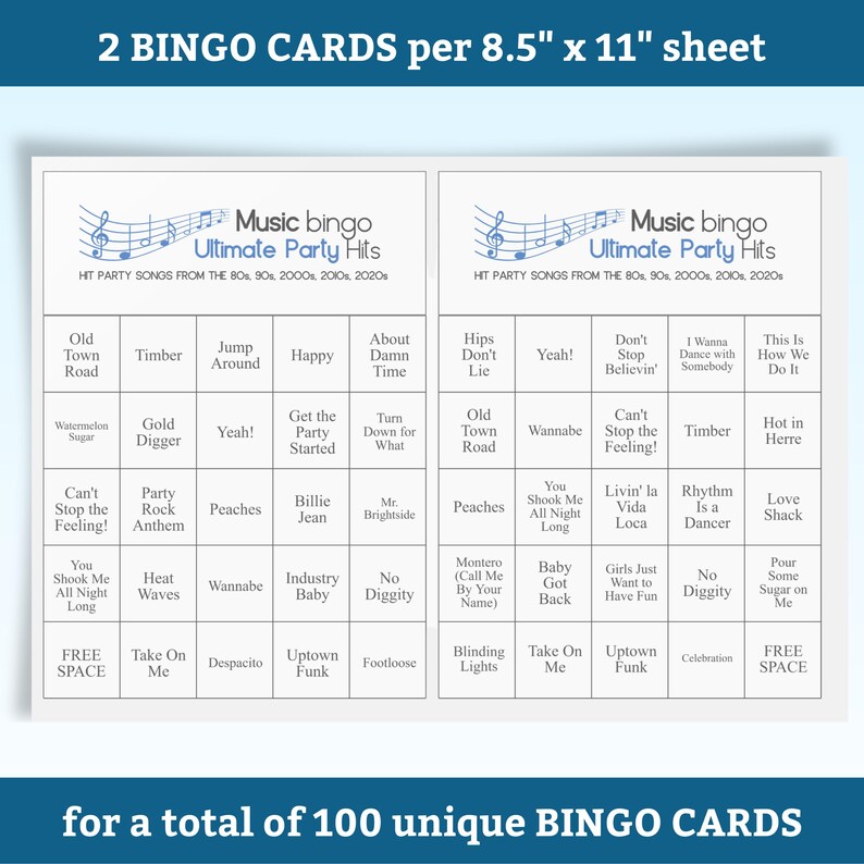 Bingo musical: éxitos de los 80 a los 2020. Juego imprimible para fiestas con lista de reproducción. Diversión para adultos, adolescentes, eventos y reuniones familiares. imagen 4