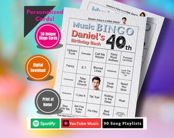 Musik Bingo Geburtstags Spiel | Druckbares 40. Geburtstags-Party-Spiel | Personalisierte Bingokarten | Lustige 40er Meilenstein Feier