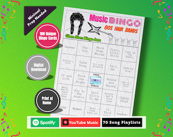 80s Music Bingo Game Printable | Hair Band Party Game | 80s Rock Bingo Cards | Classic Rock Trivia | Instant Download | Adult Party Game