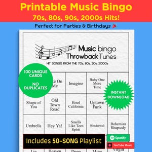 Music Bingo Game, 70s to 2010s Hits, Printable Party Game with Playlists, Fun for Adults, Teens, Events & Family Gatherings image 2
