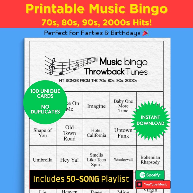 Music Bingo Game, 70s to 2010s Hits, Printable Party Game with Playlists, Fun for Adults, Teens, Events & Family Gatherings image 2