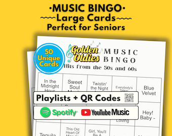 Juego de bingo musical de los viejos tiempos, actividad para personas mayores con letra grande, imprimible para el cuidado de la memoria, juego grupal fácil, descarga instantánea